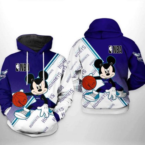 NBA Charlotte Hornets White Dark Purple Mickey Pullover Hoodie AOP Shirt – Shirts Gift for Mickey Fans