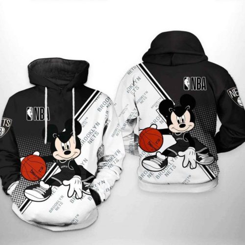 NBA Brooklyn Nets Black White Mickey Pullover Hoodie AOP Shirt – Shirts Gift for Mickey Fans