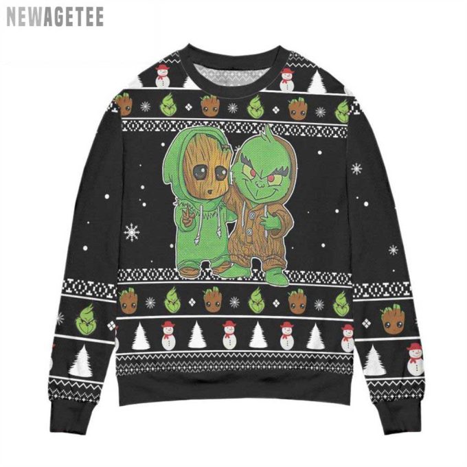 Best Friends Baby Groot And Grinches Ugly Christmas Sweater Black Gift Xmas
