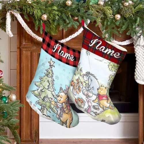 Personalized Winnie The Pooh Christmas Stocking – Custom Name Pooh With Friend – Festive Holiday Decor