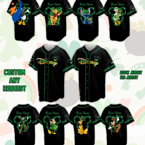 Personalized Disneyland Saint Patrick s Day Baseball Jersey – Celebrate with Mickey & Family on St Patrick s Day!