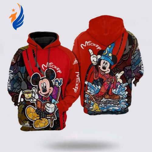 Disney Family Mickey Mouse And Friend 3D Hoodie Disney Hoodie Mickey Mouse Hoodie Minnie Mouse With Book Magician Red 3D Hoodie