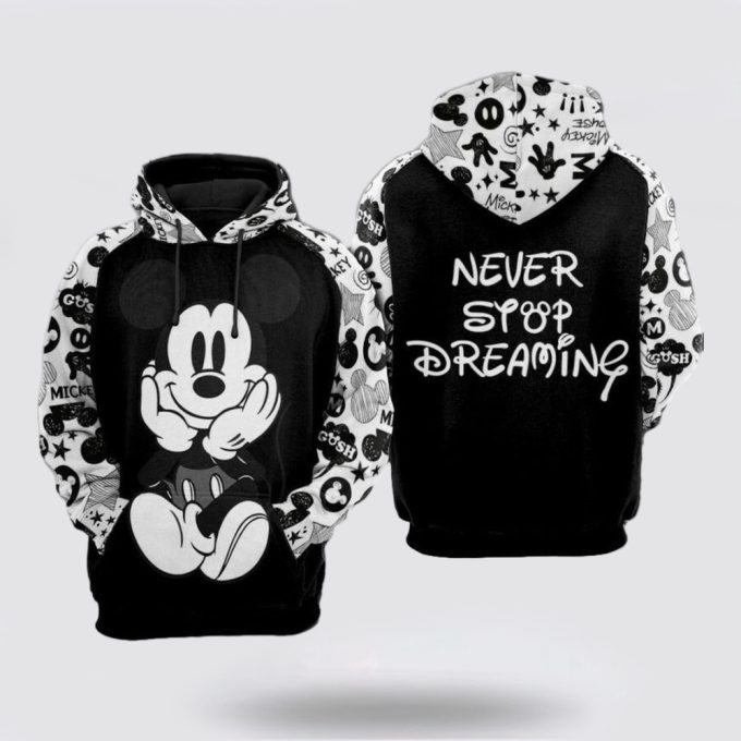 Disney Hoodie Mickey Mouse Never Stop Dreaming Black And White 3D Hoodie