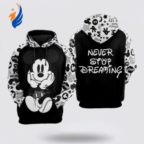 Disney Hoodie Mickey Mouse Never Stop Dreaming Black And White 3D Hoodie Disney Hoodie Mickey Mouse Never Stop Dreaming Black And White 3D Hoodie