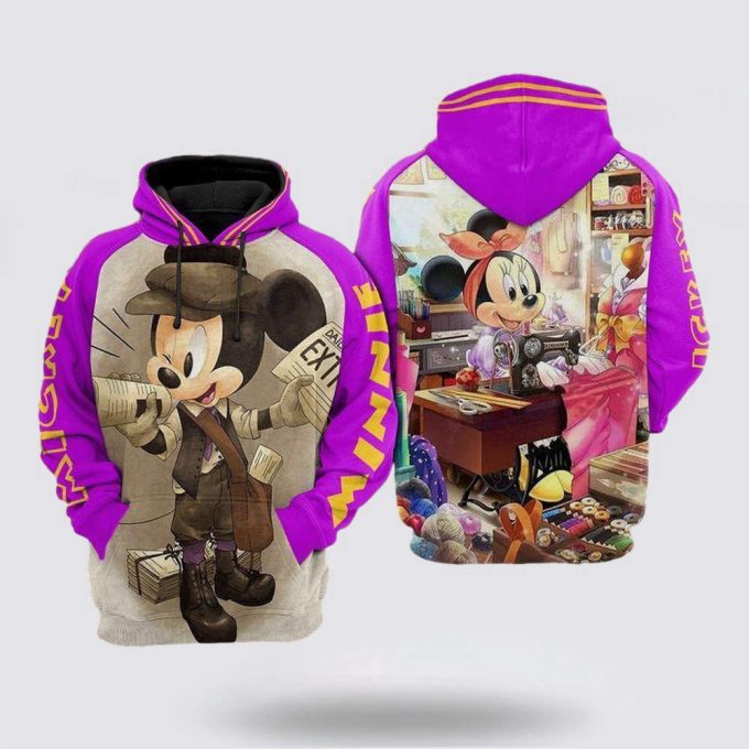 Disney Minnie And Mickey Mouse Newsboy And Sewing Pink 3D Hoodie Disney Minnie And Mickey Mouse Newsboy And Sewing Pink 3D Hoodie