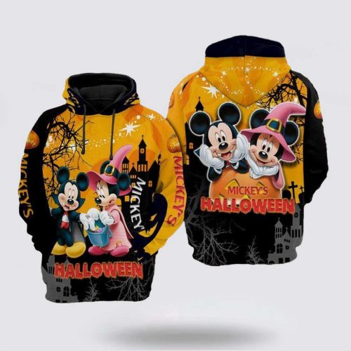 Disney Minnie And Mickey Mouse Vampire And Witch Halloween Black Orange 3D Hoodie Disney Minnie And Mickey Mouse Vampire And Witch Halloween Black Orange 3D Hoodie