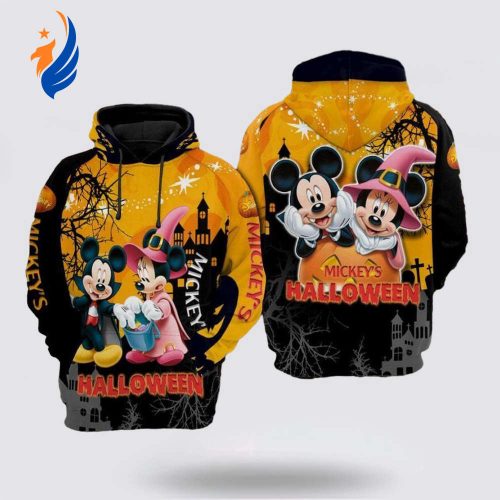 Disney Minnie And Mickey Mouse Vampire And Witch Halloween Black Orange 3D Hoodie Disney Minnie And Mickey Mouse Vampire And Witch Halloween Black Orange 3D Hoodie