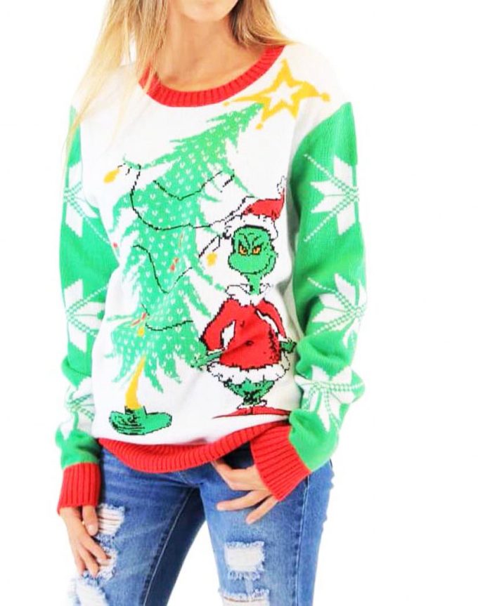 Dr Seuss Grinches As Santa Next To Tree Ugly Christmas Sweater Knit Wool Sweater