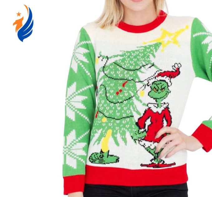Dr Seuss Grinches As Santa Next To Tree Ugly Christmas Sweater Knit Wool Sweater