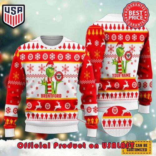 EPL BRENTFORD GRINCH SANTA HAT LOGO CUSTOM NAME SNOWFLAKE WHITE DESIGN UGLY CHRISTMAS SWEATER EPL BRENTFORD GRINCH SANTA HAT LOGO CUSTOM NAME SNOWFLAKE WHITE DESIGN UGLY CHRISTMAS SWEATER
