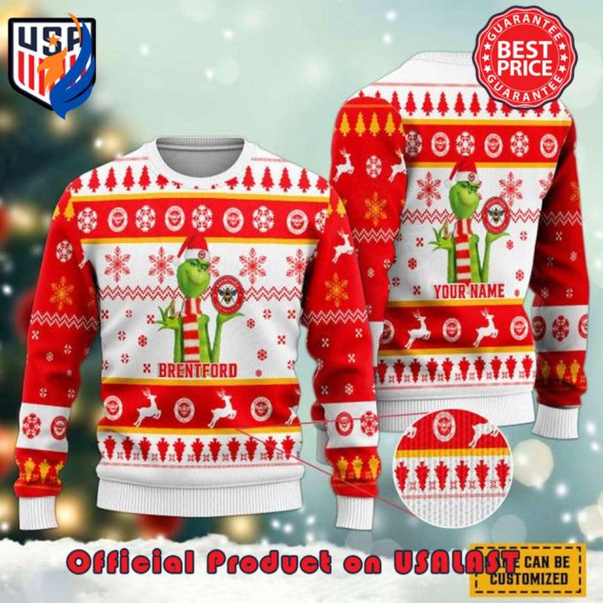 EPL BRENTFORD GRINCH SANTA HAT LOGO CUSTOM NAME SNOWFLAKE WHITE DESIGN UGLY CHRISTMAS SWEATER EPL BRENTFORD GRINCH SANTA HAT LOGO CUSTOM NAME SNOWFLAKE WHITE DESIGN UGLY CHRISTMAS SWEATER