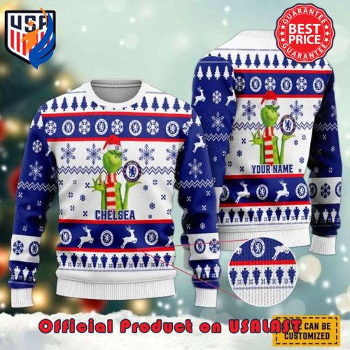 EPL CHELSEA GRINCH SANTA HAT LOGO CUSTOM NAME SNOWFLAKE WHITE DESIGN UGLY CHRISTMAS SWEATER EPL CHELSEA GRINCH SANTA HAT LOGO CUSTOM NAME SNOWFLAKE WHITE DESIGN UGLY CHRISTMAS SWEATER