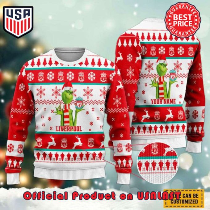 EPL LIVERPOOL GRINCH CUSTOM NAME LOGO SNOWFLAKE REINDEER UGLY CHRISTMAS SWEATER