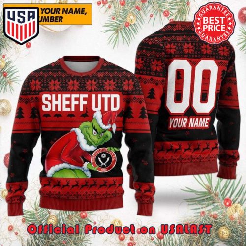 EPL SHEFFIELD UNITED THE GRINCH SANTA HAT WITH LOGO CUSTOM NAME NUMBER UGLY CHRISTMAS SWEATER EPL SHEFFIELD UNITED THE GRINCH SANTA HAT WITH LOGO CUSTOM NAME NUMBER UGLY CHRISTMAS SWEATER