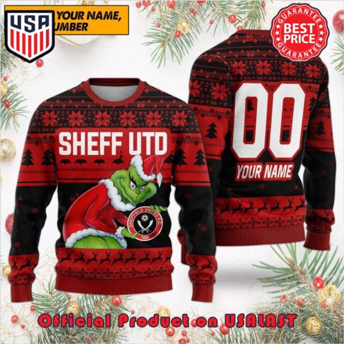 EPL SHEFFIELD UNITED THE GRINCH SANTA HAT WITH LOGO CUSTOM NAME NUMBER UGLY CHRISTMAS SWEATER