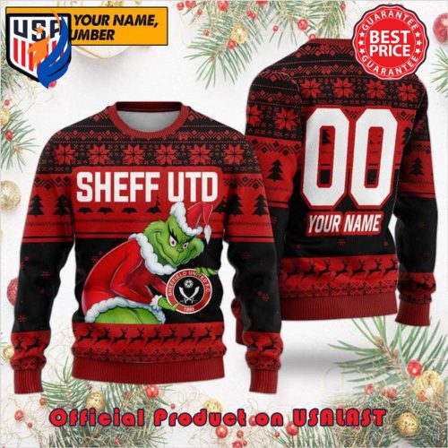 EPL SHEFFIELD UNITED THE GRINCH SANTA HAT WITH LOGO CUSTOM NAME NUMBER UGLY CHRISTMAS SWEATER EPL SHEFFIELD UNITED THE GRINCH SANTA HAT WITH LOGO CUSTOM NAME NUMBER UGLY CHRISTMAS SWEATER