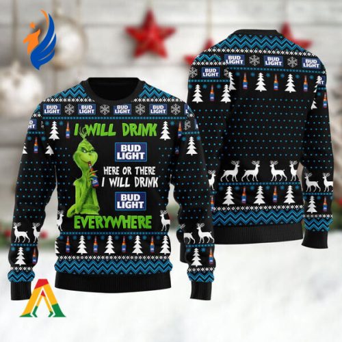 Grinches I Will Drink Bud Light Everywhere Ugly Christmas Sweater Grinches I Will Drink Bud Light Everywhere Ugly Christmas Sweater
