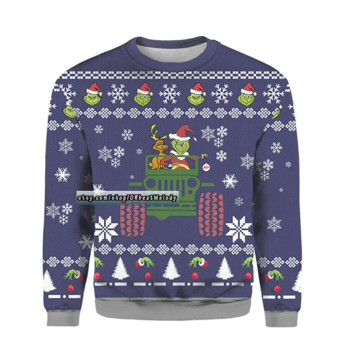 Grinches On Car Merry Christmas Ugly Sweater, Gift for Grinches and Car Lovers Christmas Ugly Sweater Over Print, 2022 Christmas Ugly Sweater