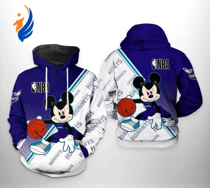 NBA Charlotte Hornets White Dark Purple Mickey Pullover Hoodie AOP Shirt