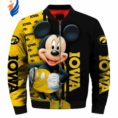 NCAA Iowa Hawkeyes Black Gold Mickey Mouse Bomber Jacket NCAA Iowa Hawkeyes Black Gold Mickey Mouse Bomber Jacket