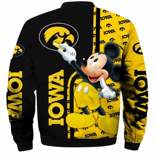 NCAA Iowa Hawkeyes Black Gold Mickey Mouse Bomber Jacket NCAA Iowa Hawkeyes Black Gold Mickey Mouse Bomber Jacket