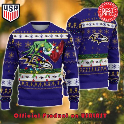 NFL BALTIMORE RAVENS GRINCH HAND WITH LOGO UGLY CHRISTMAS SWEATER NFL BALTIMORE RAVENS GRINCH HAND WITH LOGO UGLY CHRISTMAS SWEATER