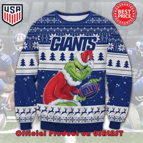 NFL NEW YORK GIANTS THE GRINCH SANTA HAT LOGO IN THE BALL UGLY CHRISTMAS SWEATER NFL NEW YORK GIANTS THE GRINCH SANTA HAT LOGO IN THE BALL UGLY CHRISTMAS SWEATER