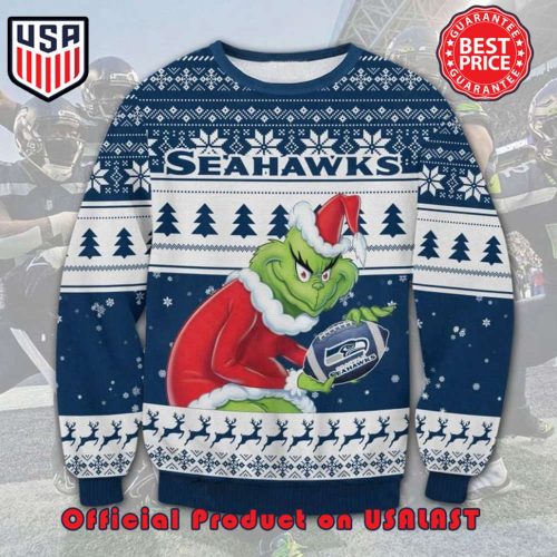 NFL SEATTLE SEAHAWKS GRINCH SANTA HAT LOGO IN BALL UGLY CHRISTMAS SWEATER NFL SEATTLE SEAHAWKS GRINCH SANTA HAT LOGO IN BALL UGLY CHRISTMAS SWEATER