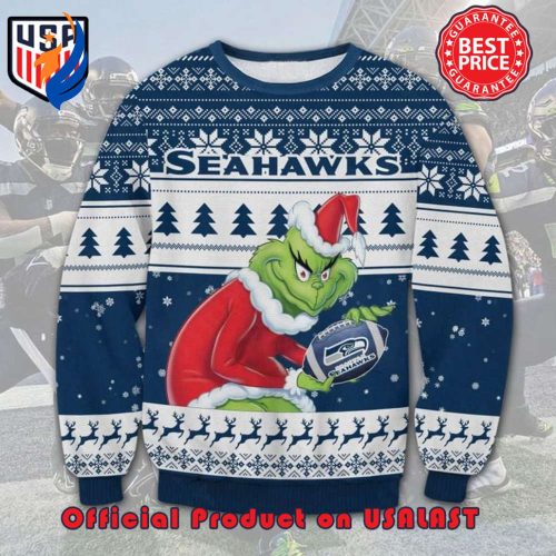 NFL SEATTLE SEAHAWKS GRINCH SANTA HAT LOGO IN BALL UGLY CHRISTMAS SWEATER NFL SEATTLE SEAHAWKS GRINCH SANTA HAT LOGO IN BALL UGLY CHRISTMAS SWEATER