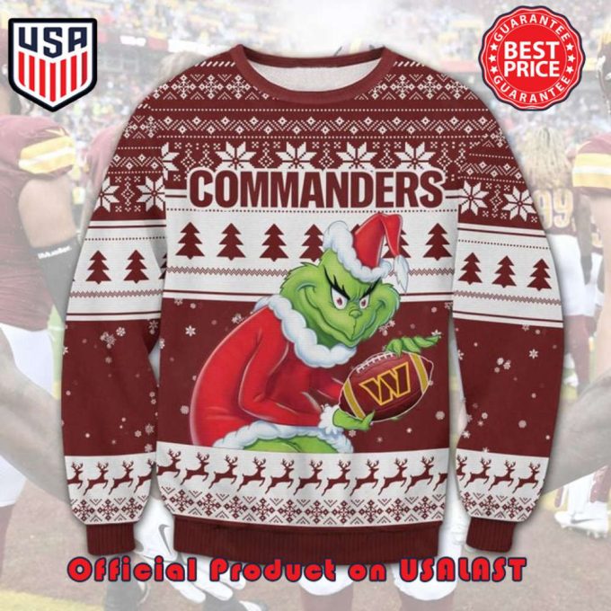 NFL WASHINGTON COMMANDERS GRINCH SANTA HAT LOGO IN BALL UGLY CHRISTMAS SWEATER