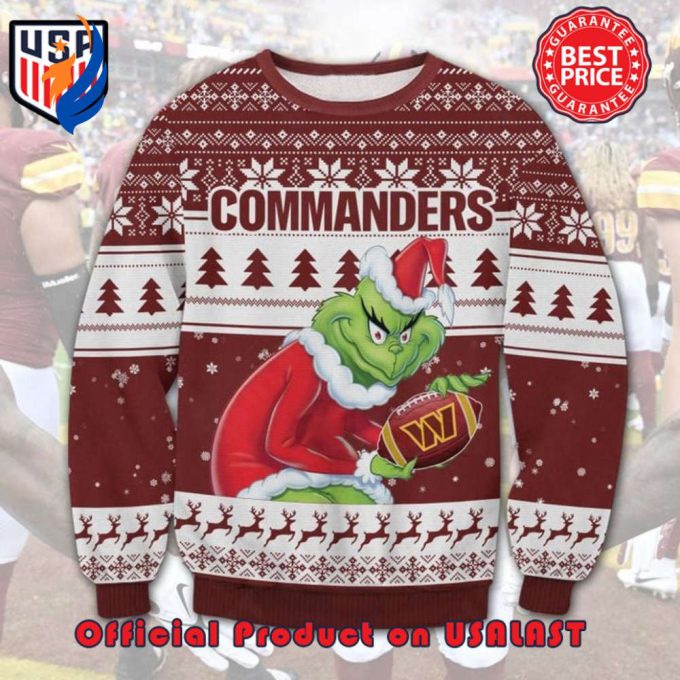 NFL WASHINGTON COMMANDERS GRINCH SANTA HAT LOGO IN BALL UGLY CHRISTMAS SWEATER