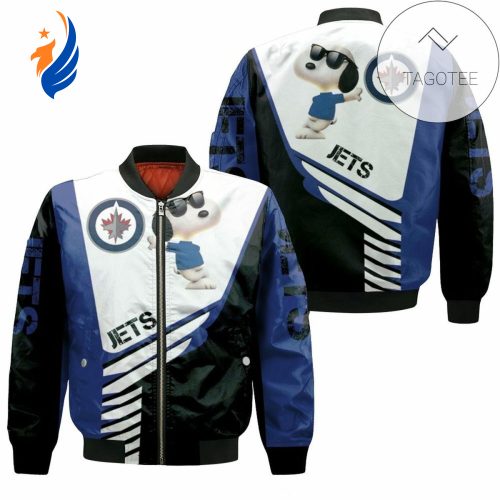 NHL Winnipeg Jets White Navy Blue Snoopy For Fans Bomber Jacket NHL Winnipeg Jets White Navy Blue Snoopy For Fans Bomber Jacket