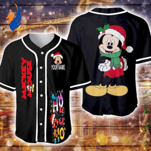 Christmas Mickey Mouse Baseball Jersey Shirt - Personalized Santa Ho Ho Ho Merry Design