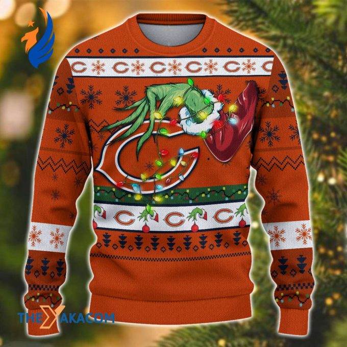 Ugly Christmas Sweater Chicago-Bears, Go Chicago-Bears Grinches Christmas Snowflakes Orange