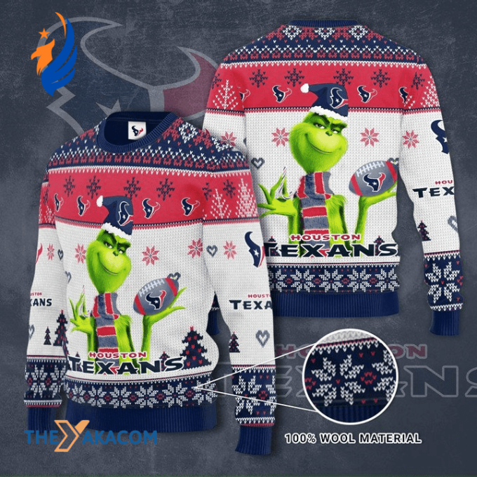 Ugly Christmas Sweater Houston-Texans, The Grinches White/Red/Blue Ugly Christmas Sweater Houston-Texans, The Grinches White/Red/Blue