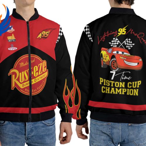 Vintage Lightning Mcqueen 95 Disney Fleece Bomber Jacket – Rust-Eze Cars Piston Cup Champion Streetwear for Disneyland Family Trip