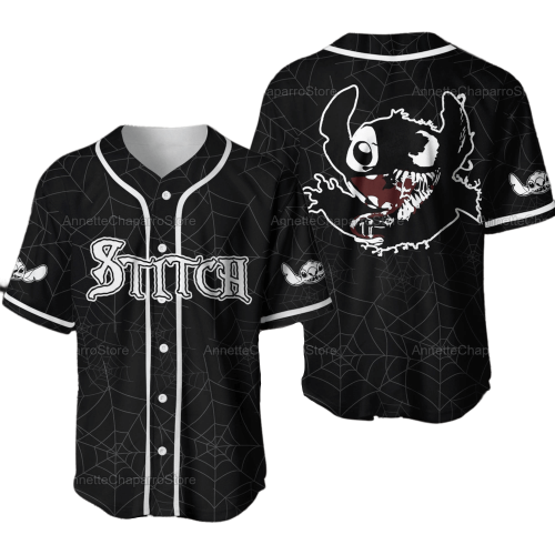 Disney Stitch Turning Into Venom Graphic Black White Baseball Jersey – Unique Stitch Jersey Shirt