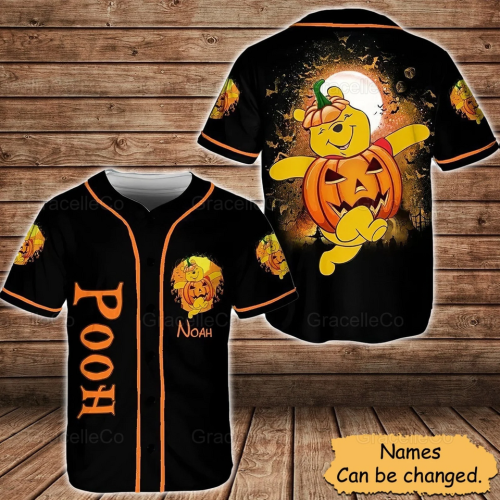 Get Spooktacular with Personalized Pooh Halloween Jersey Shirt – Pumpkin Baseball Style