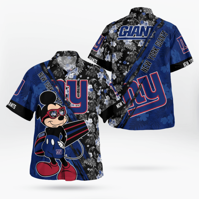 Stylish New York Giants Mickey Mouse Shirt with Floral Design Short Sleeve Hawaii Shirt
