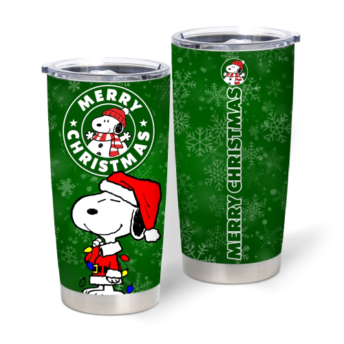 Merry Christmas Cute Snoopy Green Stainless Steel Tumbler, 20oz