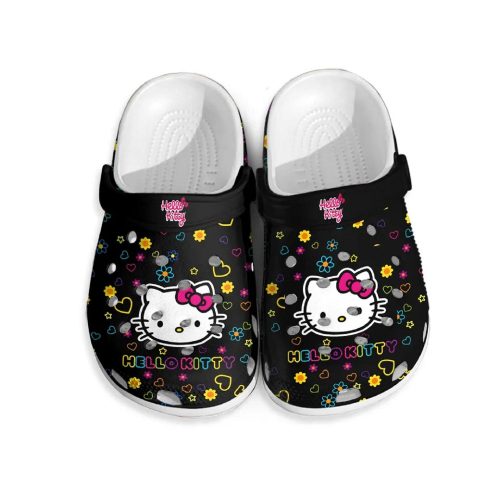 Hello Kitty Pink Stripes Kiwi Clogs For Kids And Adults Happy Hello Kitty Hearts Pattern Black Clogs For Kids And Adults