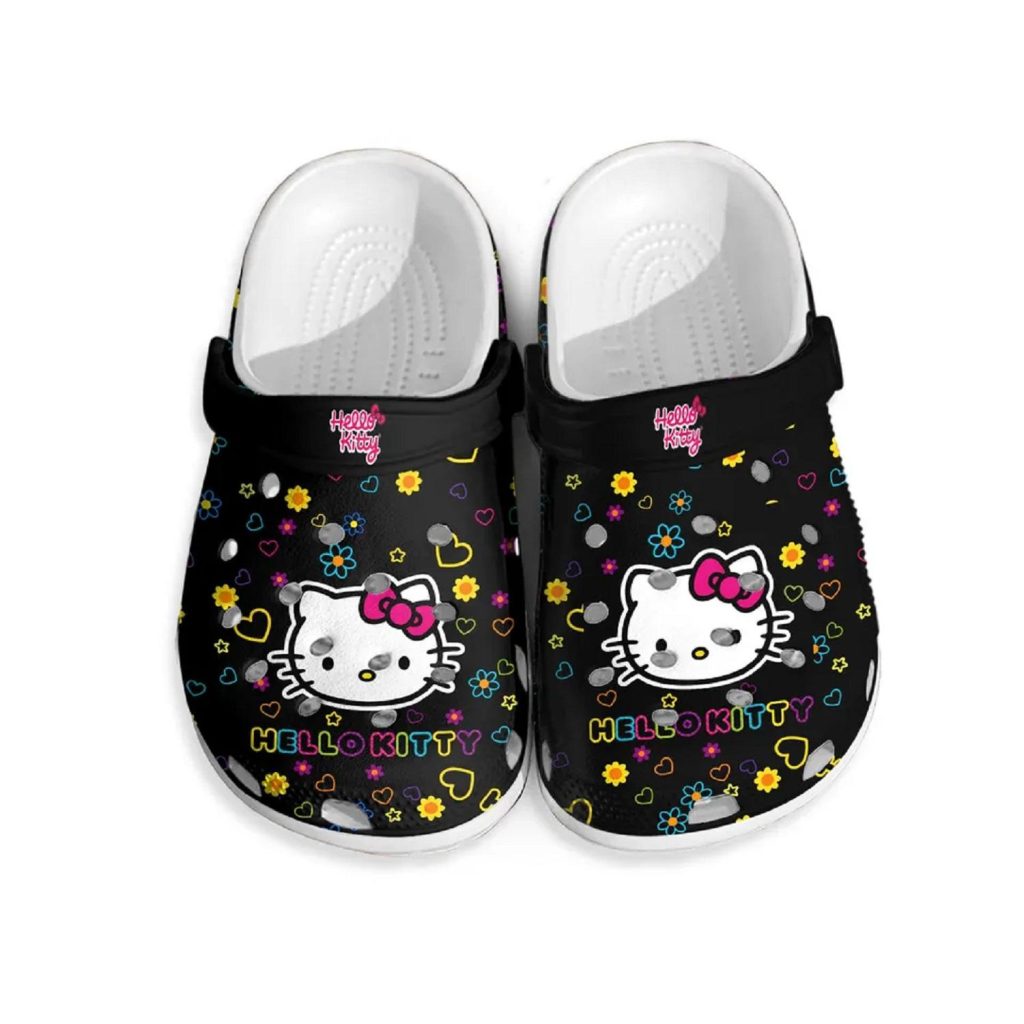 Happy Hello Kitty Hearts Pattern Black Clogs For Kids And Adults Happy Hello Kitty Hearts Pattern Black Clogs For Kids And Adults