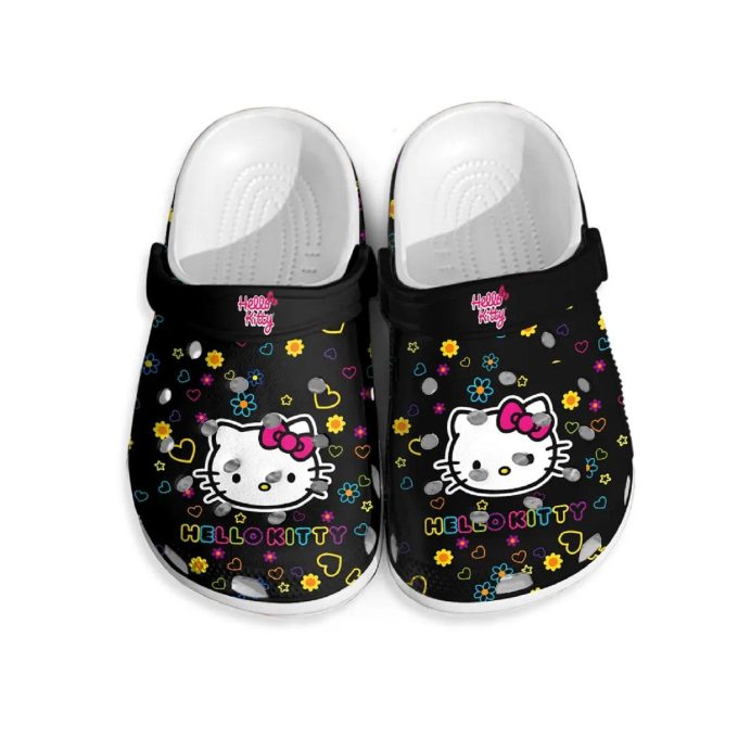 Happy Hello Kitty Hearts Pattern Black Clogs For Kids And Adults