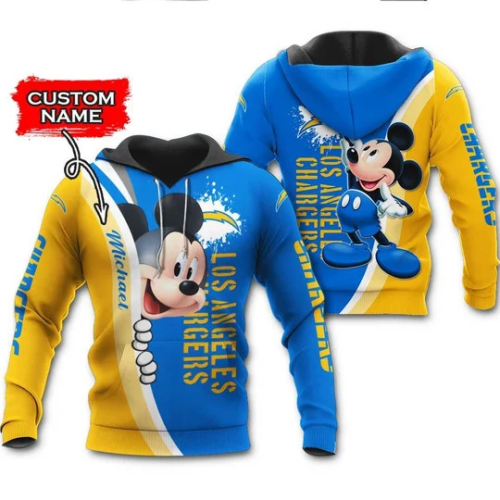 Customizable Los Angeles Chargers Mickey Mouse Hoodie – Personalized 3D Name Apparel