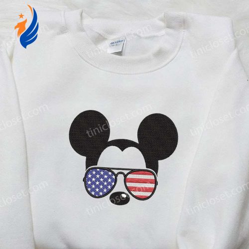 America Mickey Mouse Embroidered Shirt: Patriotic Disney Tee with Glasses Best Patriotic Shirts