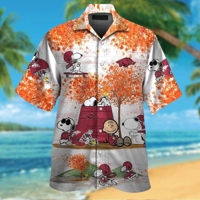 Autumn Aloha Shirt Set: Arkansas Razorbacks Snoopy Short Sleeve Button Up for Men Women Kids