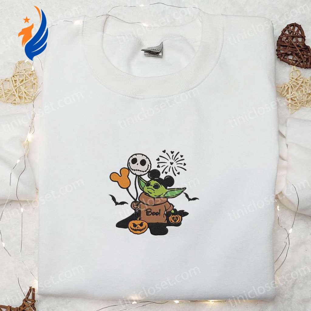 Baby Yoda Boo Jack Skellington Mickey Pumpkin Embroidered Sweatshirt: Halloween Movie Hoodie & Shirt Baby Yoda Boo Jack Skellington Mickey Pumpkin Embroidered Sweatshirt: Halloween Movie Hoodie & Shirt