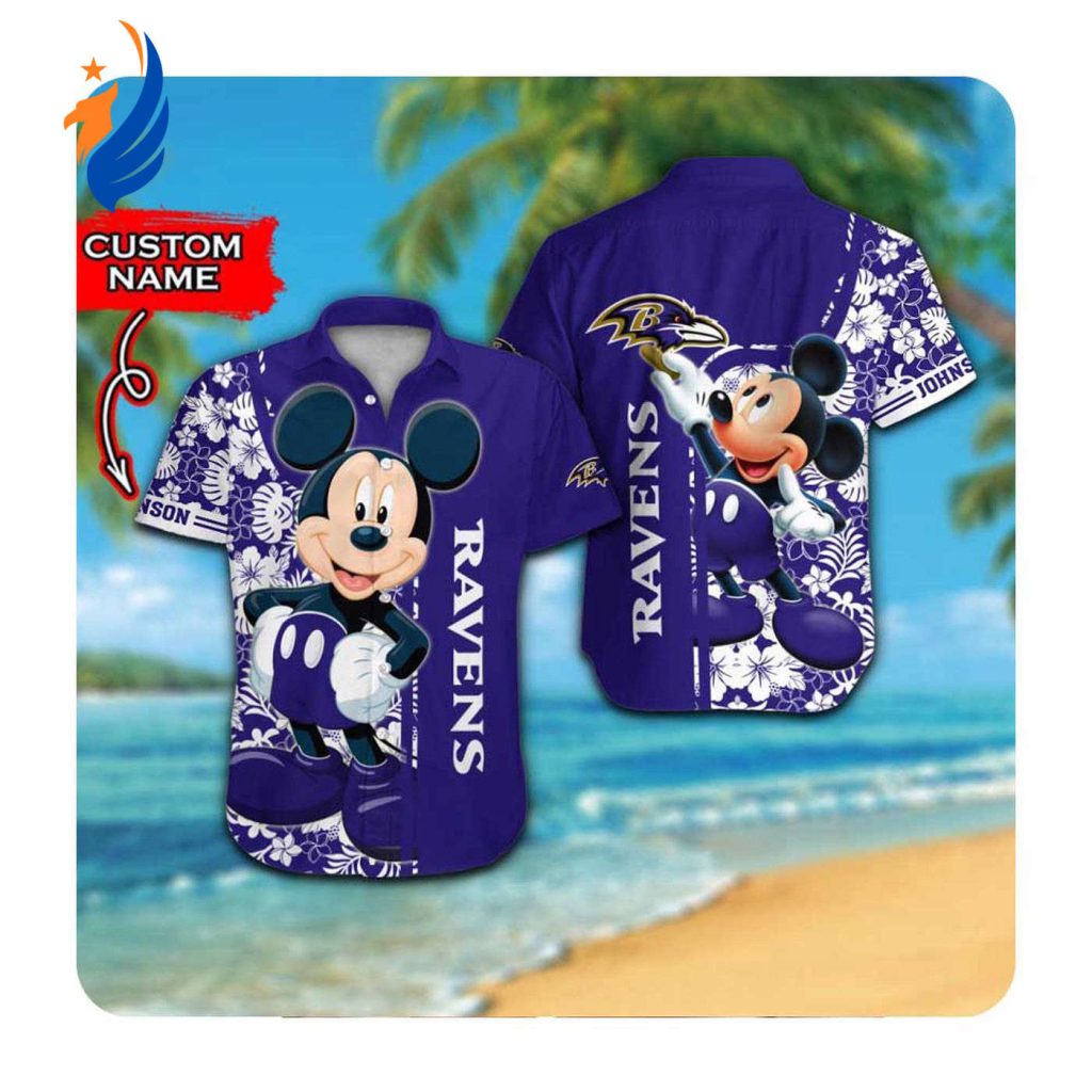 Baltimore Ravens and Mickey Mouse Custom Name Hawaii Shirt – Stylish Summer Button Up for Men and Women Baltimore Ravens and Mickey Mouse Custom Name Hawaii Shirt – Stylish Summer Button Up for Men and Women