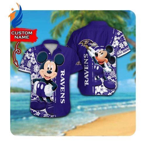 Baltimore Ravens and Mickey Mouse Custom Name Hawaii Shirt – Stylish Summer Button Up for Men and Women