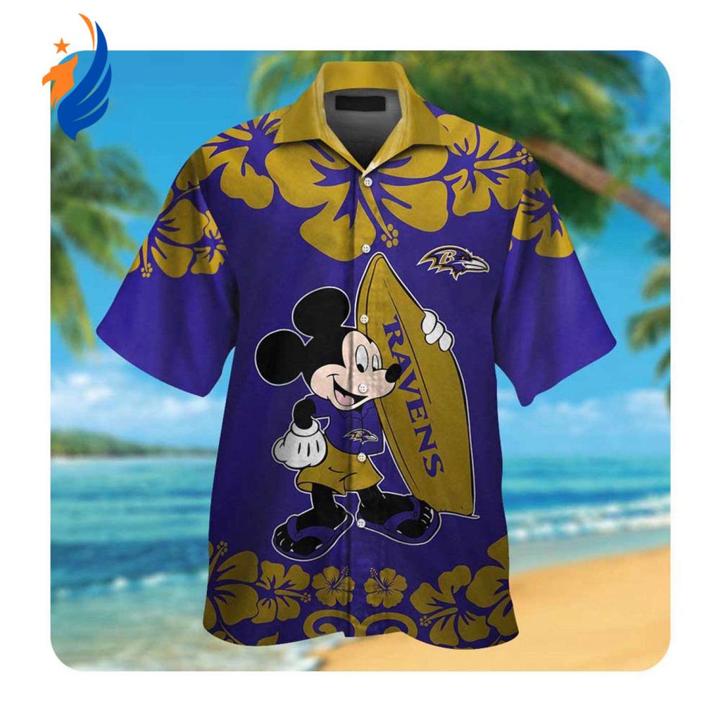 Baltimore Ravens and Mickey Mouse Hawaii Shirt: Stylish Summer Button-Up for Men and Women Baltimore Ravens and Mickey Mouse Hawaii Shirt: Stylish Summer Button-Up for Men and Women